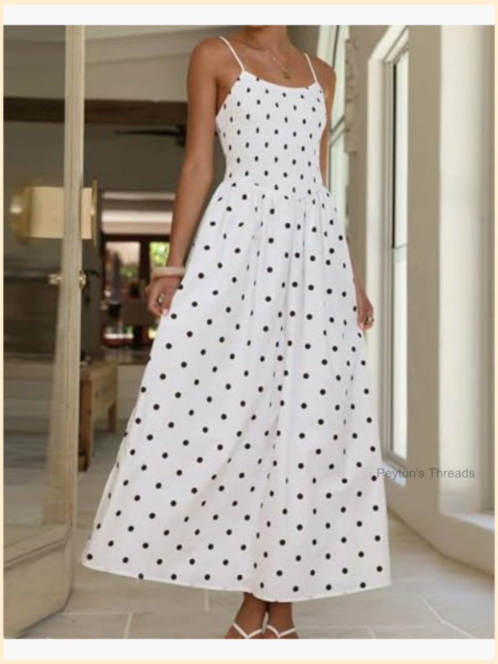 Smocked High Waisted Polka Dot Maxi Dress Spaghetti Strap Flowy Swing Beach - Picture 2 of 6